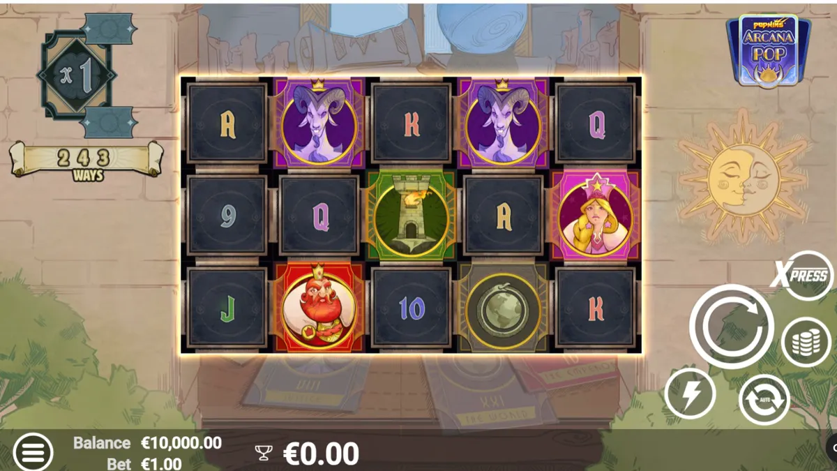 Arcana Pop slot game interface na may tarot theme at mystical symbols