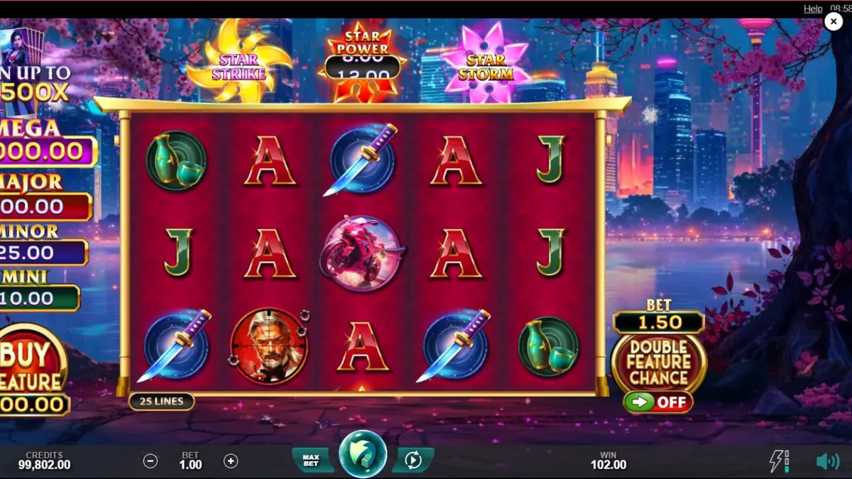 Neon-lit Japanese city street with cherry blossoms and futuristic assassin theme in Assassin Star slot
