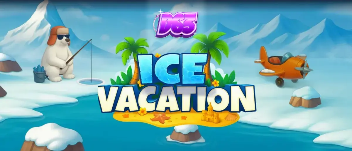 Isang makulay na mobile screen na nagpapakita ng Ice Vacation slot game na may mga penguin at polar bear.